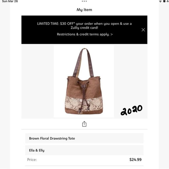 Ella & Elly Brown Canvas Drawstring Shoulder Bag with Floral Motif - Picture 2 of 9